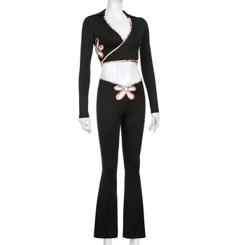 Seksīgs Modes Puķu Dobi Cieši piegulošu divdaļīga Gadījuma Gadījuma Valkāt Garas Piedurknes Rudens Melnās Sporta Sieviešu Elegants Uzvalks