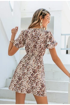 Sexy Lady deep-V Leopard Print-line Kleita Ir 2021. Vasaras Īso Puff piedurknēm tauriņu Kleitas, Sievietēm, Eleganta Augsts viduklis kleita
