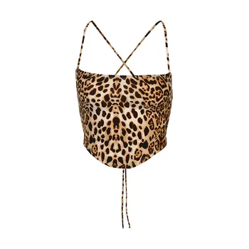 Sexy Tvertnes Kultūraugu Top Sievietes Leopard Backless Pārsējs Mežģīnes-up Vasaras Linga Atklātu Atpakaļ Camisoles Veste modes streetwear