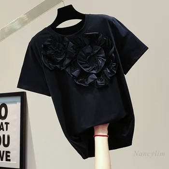 Sieviete, T Krekls Ir 2021. Vasaras Korejiešu Stilā Zaudēt Modes Smagā Rūpniecība Trīsdimensiju Ziedu Tīrtoņa Krāsu Īsām Piedurknēm Gadījuma Augšu