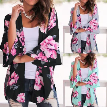 Sieviešu Drukāt Šifona Beach Kimono Long Cardigan Blūze Lakatu, Mīksti Topi Outwear
