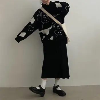 Sieviešu Melnu Džemperi Vintage Gadījuma Zaudēt Slinkā Govs Džemperis Sieviešu korejas Harajuku Kawaii Gudrs, funny Apģērbu Dāmas Rudens