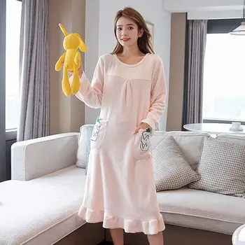 Sieviešu Nightgowns Koraļļu Plus Samta Biezāka Iespiesti Kawaii Korejiešu Stilā, Ziemas Siltuma Sleepwear Moderns Soft Sieviešu Sleepshirts