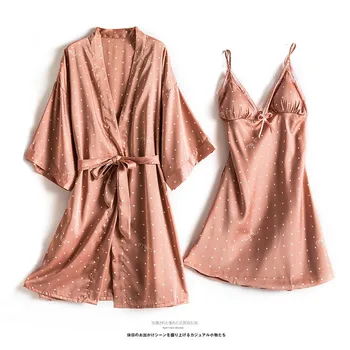 Sieviešu Rozā Drukāt Dot Kimono Kleita 3PCS Miega Komplekts Satīna Zīdaini Pidžamu Mīksto Sleepwear Pidžamas Gadījuma Intīmas Apakšveļa Homewear