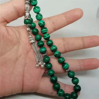 Sudraba Kulons 8mm Dabas Zaļā Malachit Akmens Apaļo Formu 33 Lūgšanu Krelles Musulmaņu Tasbih Allah, Muhameds Rožukroni