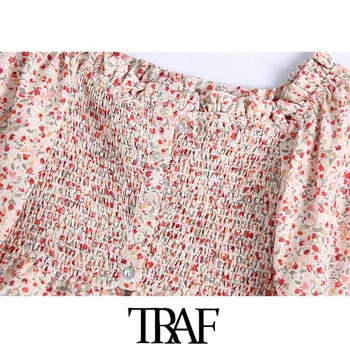TRAF Sieviešu Salds Modes Ziedu Drukāt Smocked Apgriezts Blūzes Vintage Elastīgs Kakla Mežģīņu Sieviešu Krekli Šiks Topi