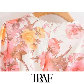 TRAF Sieviešu Vintage Elegants Mežģīņu Raibs Ziedu Drukāt Maxi Kleitu Modes garām Piedurknēm tauriņu Vērtnes Atpakaļ Rāvējslēdzēju Sieviešu Kleitas