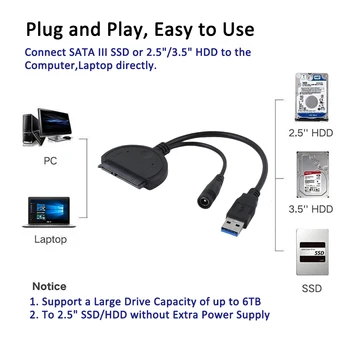USB 3.0 SATA Adaptera Kabelis 3,5 Collu HDD/SSD Cieto Disku, USB uz SATA III 7+15Pin Converter for PC Tablet Notebook Datoru
