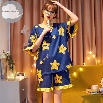 Vasaras Pajama Komplekti Īsām Piedurknēm Karikatūra Kokvilnas Slinks Vēja Sleepwear Sieviešu Pidžamas M-3XL Izmērs Pijama Mujer Modes Homewear