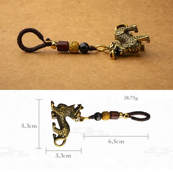 Vintage Brass Ķīnas Seno Dzīvnieku Zvērs Laimīgs Virves Keychain, Kuloni, Roku Darbs Siksniņa Feng Shui Keyring Auto Atslēgu Ķēdes Gredzeni