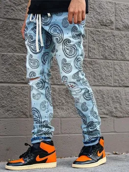 Vīriešu Izdilis Džinsi Jaunā Stila Streetwear Jaunu Modes Žakarda Džinsa Bikses Gadījuma Zīmuli Zaudēt Hip Hop Bikses