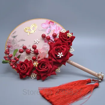 XinHuaEase Ķīniešu Kāzu Stilu Līgava Apdare Klasiskā Ventilators, Rozā, Sarkans Rožu Ziedi Hanfu Piederumi Tradicionālo