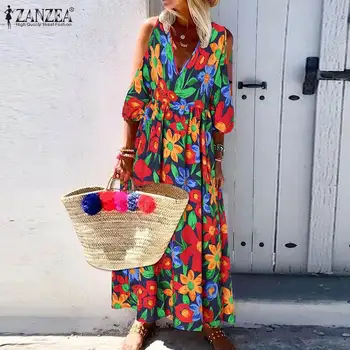 ZANZEA ir 2021. Elegants Ziedu Maxi Kleita Sieviešu Off Pleca Sundress Gadījuma Iespiesti Maxi Vestidos Sieviešu Pludmales Tērpu Lielgabarīta